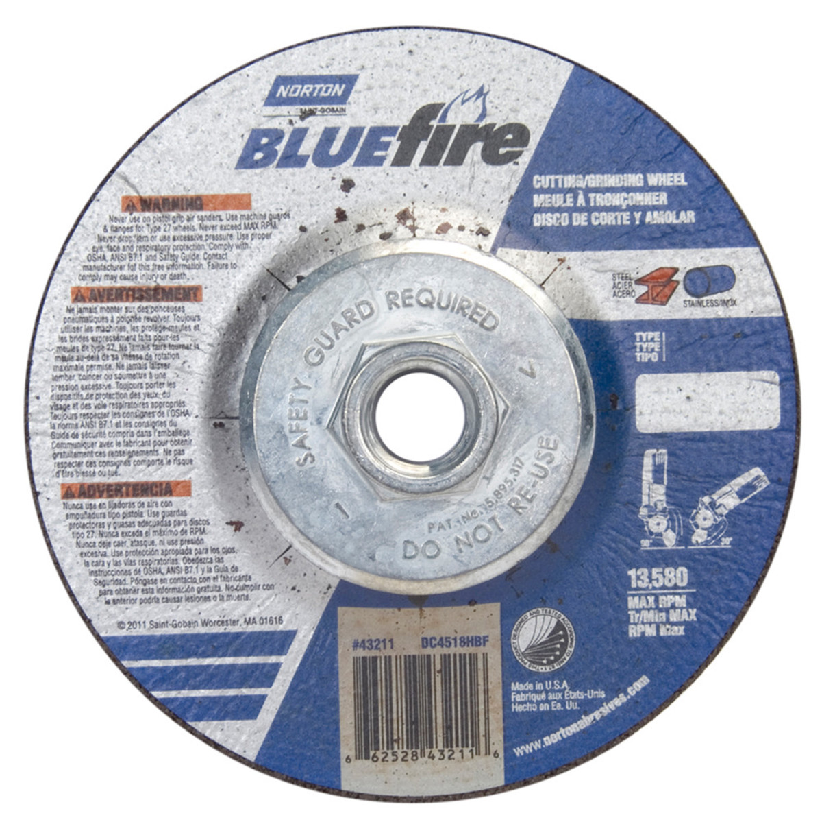5 Diameter x 1/4 Thickness Type 27 Zirconia Alumina and Aluminum Oxide 7/8 Arbor Pack of 25 Norton Blue Fire Plus Depressed Center Abrasive Wheel