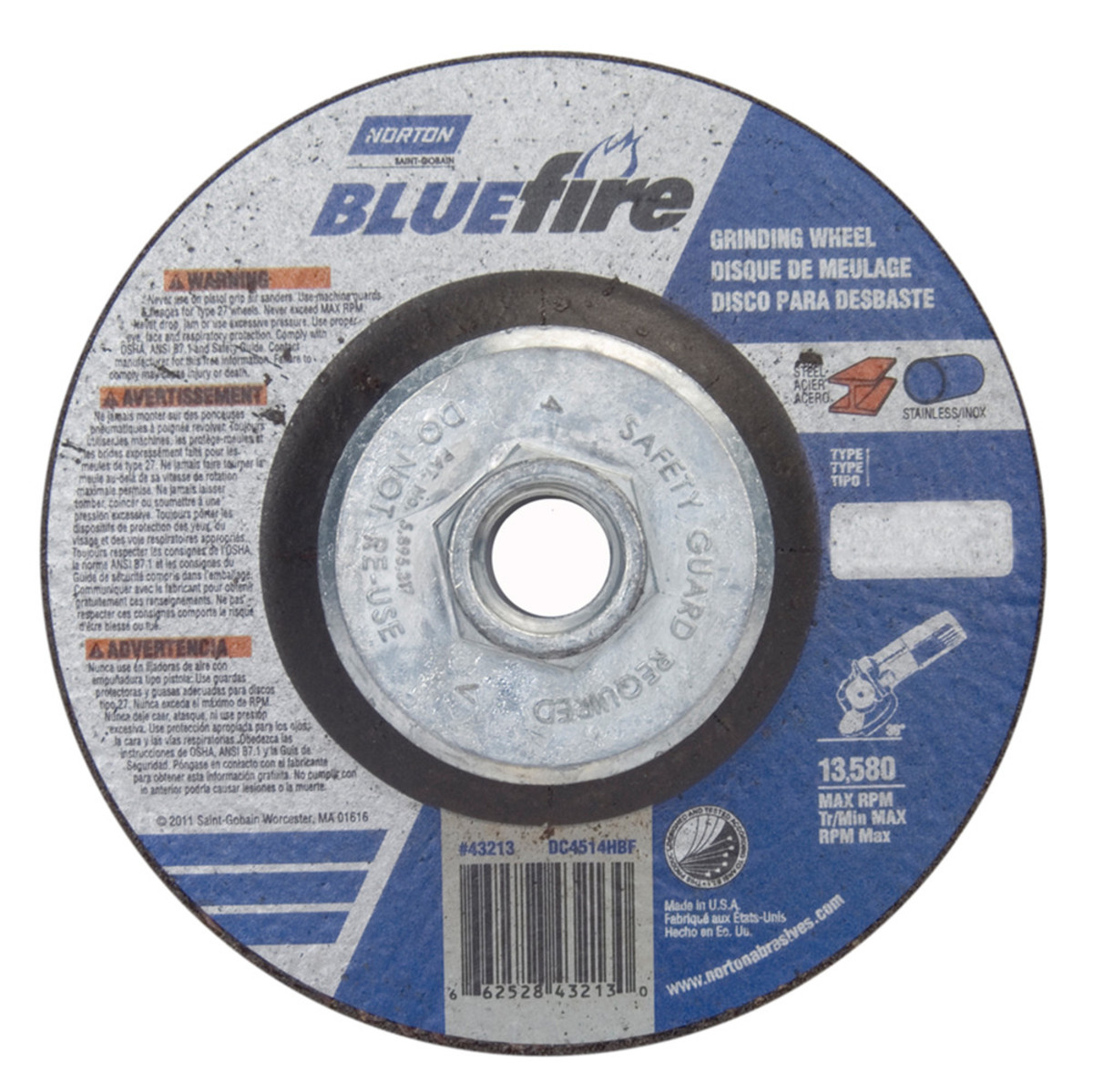 Norton BlueFire Flat Flap Disc T27 4-1/2 x 5/8-11 P40 Zirconia Alumina 10 Pack 