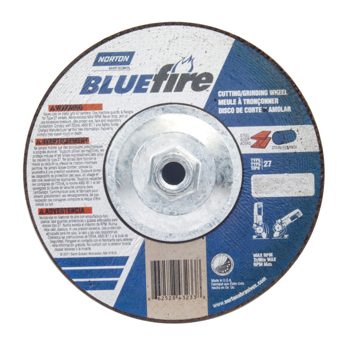7 Diameter x 1/8 Thickness Norton Blue Fire Foundry Depressed Center Abrasive Wheel Type 27 5/8-11 Hub Zirconia Alumina and Silicon Carbide Pack of 1