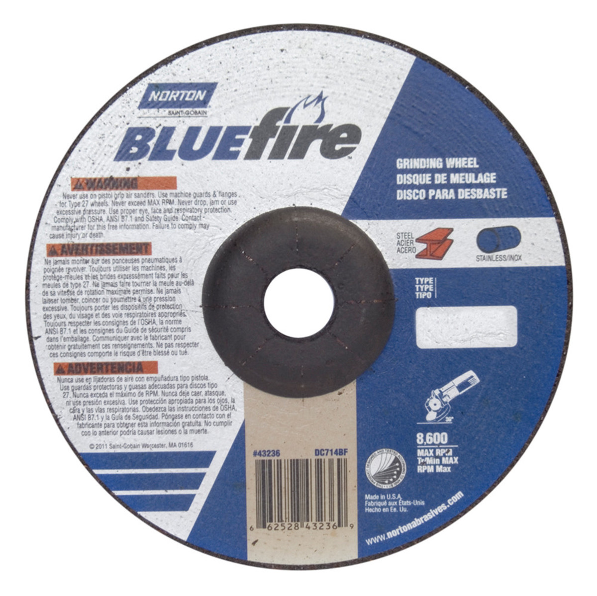 5 Diameter x 1/4 Thickness Type 27 Zirconia Alumina and Aluminum Oxide 7/8 Arbor Pack of 25 Norton Blue Fire Plus Depressed Center Abrasive Wheel