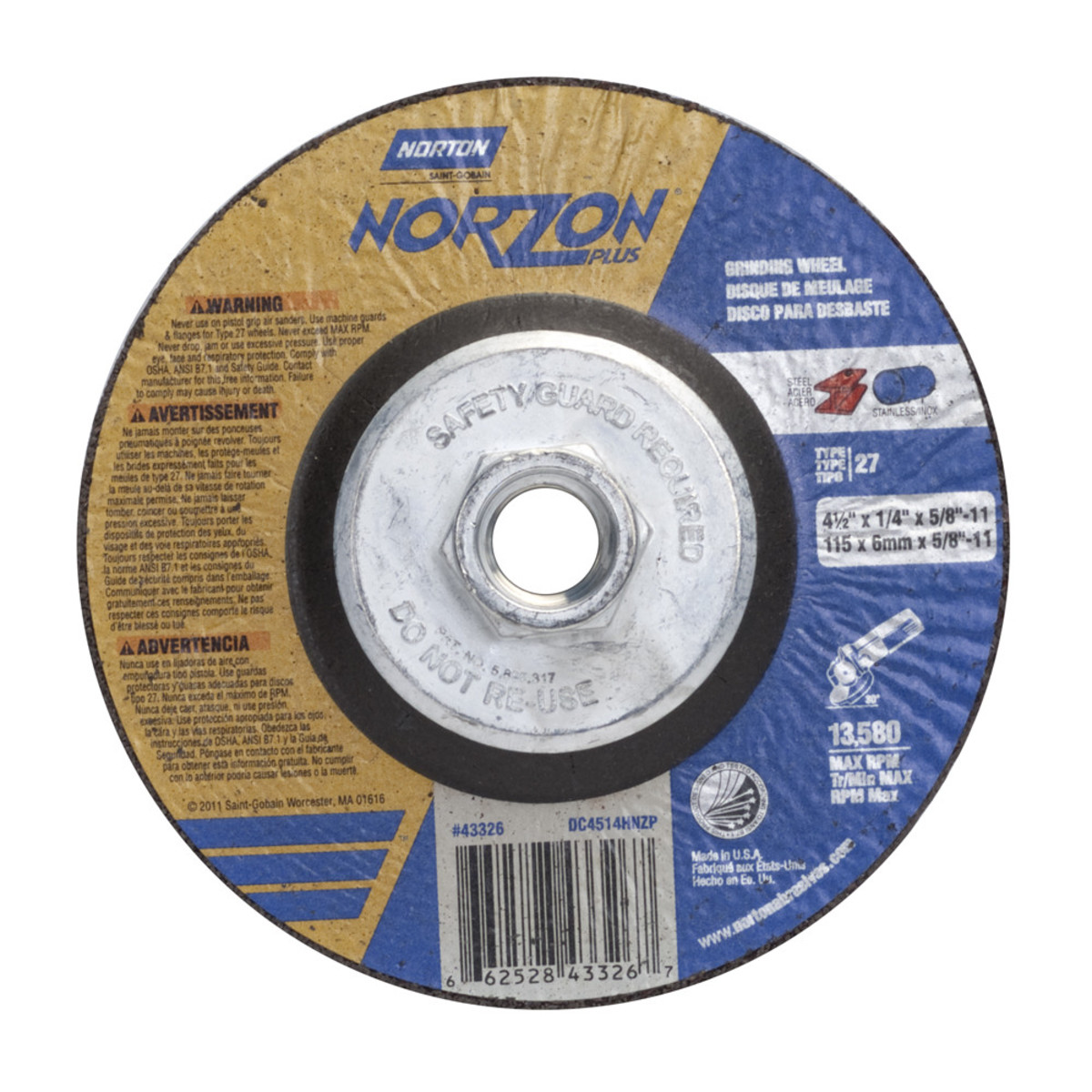 3/8 Arbor Norton Norzon Plus Depressed Center Abrasive Wheel 3 Diameter x 1/8 Thickness Pack of 25 Zirconia Alumina Type 27