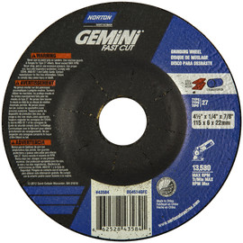 Norton® 4 1/2" X 1/4" X 7/8" Gemini® Extra Coarse Grit Aluminum Oxide Type 27 Depressed Center Grinding Wheel