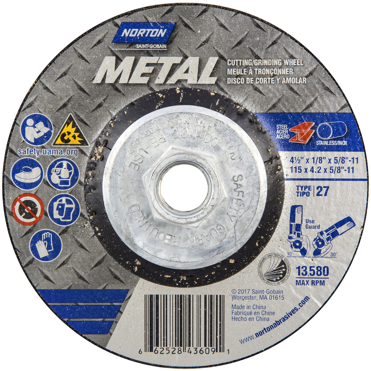 4 Diameter x 1/4 Thickness Type 27 5/8 Arbor Norton Metal Depressed Center Abrasive Wheel Aluminum Oxide Pack of 25
