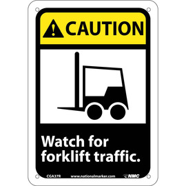 NMC™ 7" X 10" White .05" Plastic Caution Sign "CAUTION WATCH FOR FORKLIFT TRAFFIC"