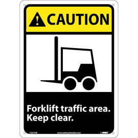 NMC™ 14" X 10" White .04" Aluminum Machine And Operational Sign "CAUTION Forklift traffic area keep clear."