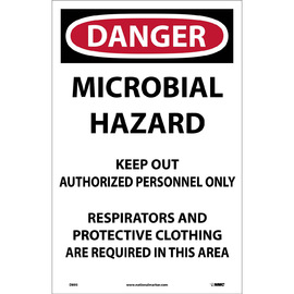 NMC™ 17" X 11" White .005" Paper Chemicals And Hazardous Material Sign "DANGER MICROBIAL HAZARD KEEP OUT AUTHORIZED PERSONNEL ONLY RESPIRATORS AND PROTECTIVE CLOTHING ARE REQUIRED IN THIS AREA"