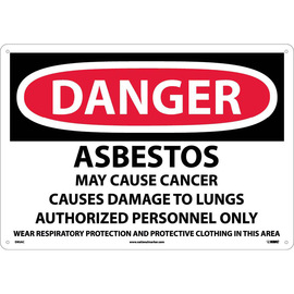 NMC™ 14" X 20" White .04" Aluminum Chemicals And Hazardous Material Sign "DANGER ASBESTOS CANCER AND LUNG DISEASE HAZARD AUTHORIZED PERSONNEL ONLY RESPIRATORS AND PROTECTIVE CLOTHING ARE REQUIRED IN THIS AREA"