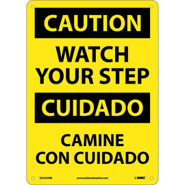 NMC™ 14" X 10" Yellow .05" Plastic Bilingual Sign "WATCH YOUR STEP CAMINE CON CUIDADO"