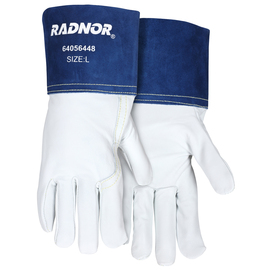 RADNOR™ Medium 12 1/4" White And Blue Premium Grain Goatskin Unlined MIG/TIG Welders Gloves With 4" Split Cowhide Gauntlet Cuff