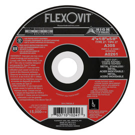 Flexovit® 4" X 1/8" X 5/8" HIGH PERFORMANCE™ 30 Grit Aluminum Oxide Grain Reinforced Type 27 Depressed Center Cut Off Wheel