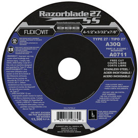 Flexovit® 4 1/2" X 3/32" X 7/8" Razorblade 27® SS 30 Grit Aluminum Oxide Grain Reinforced Type 27 Depressed Center Cut Off Wheel