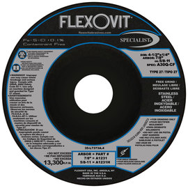Flexovit® 4 1/2" X 1/4" X 7/8" SPECIALIST® STAINLESS STEEL 30 Grit Aluminum Oxide Grain Reinforced Type 27 Depressed Center Grinding Wheel