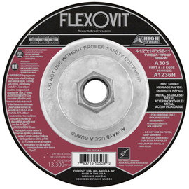 Flexovit® 4 1/2" X 1/4" X 5/8" - 11 HIGH PERFORMANCE™ 30 Grit Aluminum Oxide Grain Reinforced Type 27 Spin-On Depressed Center Grinding Wheel