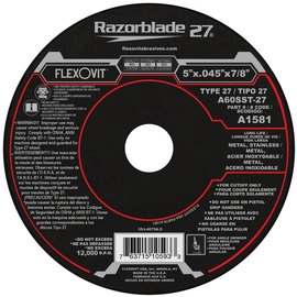 FlexOVit® 5" X .045" X 7/8" Razorblade 27® 60 Grit Aluminum Oxide Grain Type 27 Depressed Center Cut Off Wheel