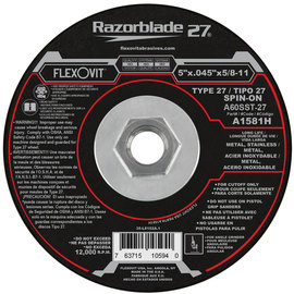 Flexovit® 5" X .045" X 5/8" - 11 Razorblade 27® 60 Grit Aluminum Oxide Grain Reinforced Type 27 Depressed Center Cut Off Wheel
