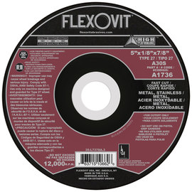 Flexovit® 5" X 1/8" X 7/8" HIGH PERFORMANCE™ 30 Grit Aluminum Oxide Grain Reinforced Type 27 Depressed Center Cut Off Wheel