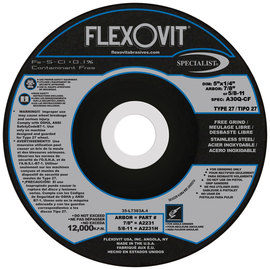 Flexovit® 5" X 1/4" X 7/8" SPECIALIST® STAINLESS STEEL 30 Grit Aluminum Oxide Grain Reinforced Type 27 Depressed Center Grinding Wheel