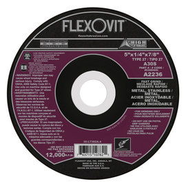 Flexovit® 5" X 1/4" X 7/8" HIGH PERFORMANCE™ 30 Grit Aluminum Oxide Grain Reinforced Type 27 Depressed Center Grinding Wheel