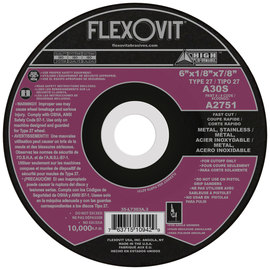 Flexovit® 6" X 1/8" X 7/8" HIGH PERFORMANCE™ 30 Grit Aluminum Oxide Grain Reinforced Type 27 Depressed Center Cut Off Wheel