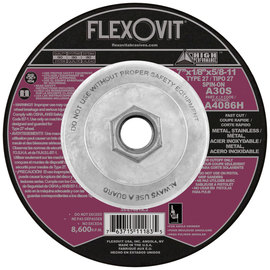 Flexovit® 7" X 1/8" X 5/8" - 11 HIGH PERFORMANCE™ 30 Grit Aluminum Oxide Grain Reinforced Type 27 Spin-On Depressed Center Cut Off Wheel