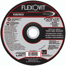 Flexovit® 7" X 1/8" X 7/8" SPECIALIST® STAINLESS STEEL 30 Grit Aluminum Oxide Grain Reinforced Type 27 Depressed Center Combination Wheel