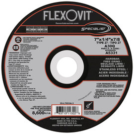 FlexOVit® 7" X 1/4" X 7/8" SPECIALIST® STAINLESS STEEL 30 Grit Aluminum Oxide Grain Type 27 Depressed Center Grinding Wheel