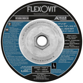Flexovit® 9" X 1/8" X 5/8" - 11 HIGH PERFORMANCE™ 24 - 30 Grit Aluminum Oxide Grain Reinforced Type 27 Spin-On Depressed Center Cut Off Wheel