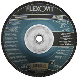 Flexovit® 9" X 1/4" X 5/8" - 11 HIGH PERFORMANCE™ 24 - 30 Grit Aluminum Oxide Grain Reinforced Type 28 Spin-On Depressed Center Grinding Wheel