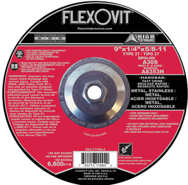 Flexovit® 9" X 1/4" X 5/8" - 11 HIGH PERFORMANCE™ 30 Grit Aluminum Oxide Grain Reinforced Type 27 Spin-On Depressed Center Grinding Wheel