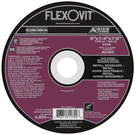 Flexovit® 9" X 1/4" X 7/8" HIGH PERFORMANCE™ 30 Grit Aluminum Oxide Grain Reinforced Type 28 Depressed Center Grinding Wheel