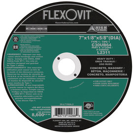 Flexovit® 7" X 1/8" X 5/8" HIGH PERFORMANCE™ CONCRETE 30 Grit Silicon Carbide Grain Reinforced Type 1 Cut Off Wheel