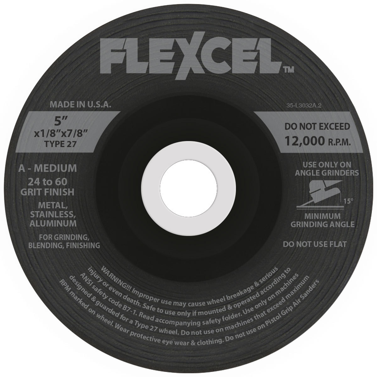 Airgas - FLES7400 - Flexovit® 5 X 1/8 X 7/8 FLEXCEL® 24 - 60 Grit  Aluminum Oxide Grain Reinforced Type 27 Semi Flexible Grinding Wheel