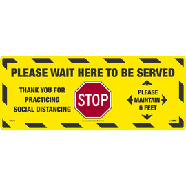 AccuformNMC™ 8" X 20 " Multi Walk-On™ Non-Skid Textured Vinyl "STOP PLEASE WAIT HERE TO BE SERVED THANK YOU FOR PRACTICING SOCIAL DISTANCING"