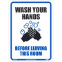 AccuformNMC™ 14" X 10" Black/Blue/White Non-Skid Textured Vinyl "WASH YOUR HANDS BEFORE LEAVING THIS ROOM (With Pictogram)"