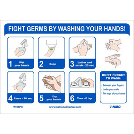 AccuformNMC™ 7" X 10" Blue/White Pressure Sensitive/Adhesive Backed/Removable Vinyl "FIGHT GERMS BY WASHING YOUR HANDS!..."