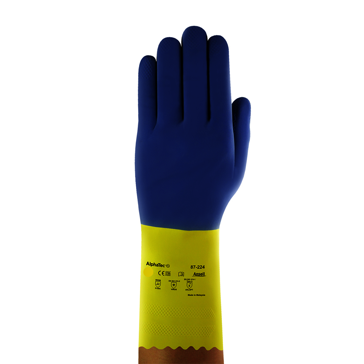 Ansell Size 7 Blue Over Yellow Chemi-Pro 13 Cotton Flock Lined 27 mil Unsupported Neoprene Natural Rubber Latex Heavy Duty Chemical Resistant Gloves With Recessed Diamond Embossed Finish And Pinked Cuff