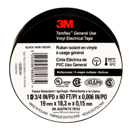 3M™ 0.75" X 60' Black Temflex™ 165 PVC Electrical Tape