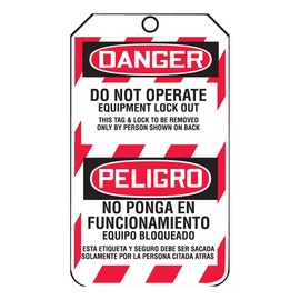 AccuformNMC™ 5 3/4" X 3 1/4" Black/Red/White RP-Plastic Lockout/Tagout Tag "DANGER DO NOT OPERATE EQUIPMENT LOCK OUT THIS TAG & LOCK TO BE REMOVED ONLY BY PERSON SHOWN ON BACK/DANGER EQUIPMENT LOCKED OUT BY___DATE:___ (Spanish Bilingual)"