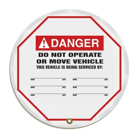 AccuformNMC™ 24" White/Black/Red Vinyl Lockout Cover "DANGER - DO NOT OPERATE OR MOVE VEHICLE THIS VEHICLE IS BEING SERVICED BY: ___"