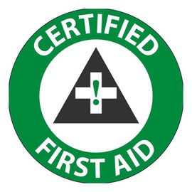 AccuformNMC™ 2 1/4" Green/White/Black Vinyl Hard Hat/Helmet Decal "CERTIFIED FIRST AID (With Graphic)"