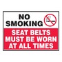 AccuformNMC™ 3 1/2" X 5" Black/Red/White Vinyl Traffic Safety Label "NO SMOKING SEAT BELTS MUST BE WORN AT ALL TIMES (With Graphic)"