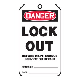 AccuformNMC™ 5 3/4" X 3 1/4" Red/Black/White RP-Plastic Lockout/Tagout Tag "DANGER LOCK OUT BEFORE MAINTENANCE OR REPAIR SIGNED BY:___DATE:___/DANGER DO NOT REMOVE THIS TAG! TO DO SO WITHOUT AUTHORITY WILL MEAN DISIPLINARY ACTION!..."
