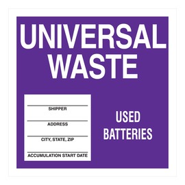 AccuformNMC™ 6" X 6" Black/Purple/White Poly Drum And Container Identification Label "UNIVERSAL WASTE USED BATTERIES SHIPPER___ADDRESS___CITY, STATE, ZIP___ACCUMULATION START DATE___"