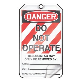AccuformNMC™ 5 3/4" X 3 1/4" Red/Black/White HS-Laminate Lockout/Tagout Tag "DANGER DO NOT OPERATE THIS LOCK/TAG MAY ONLY BE REMOVED BY: NAME:___DEPT:___EXPECTED COMPLETION:___/DANGER THIS ENERGY SOURCE HAS BEEN LOCKED OUT!..."