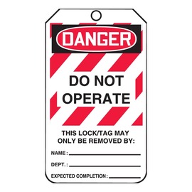 AccuformNMC™ 5 3/4" X 3 1/4" Black/Red/White PF-Cardstock Lockout/Tagout Tag "DANGER DO NOT OPERATE EQUIPMENT LOCKED OUT THIS LOCK/TAG MAY ONLY BE REMOVED BY: NAME___DEPT.:___EXPECTED COMPLETION:___/DANGER THIS ENERGY SOURCE HAS BEEN LOCKED OUT!..."