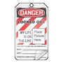 AccuformNMC™ 5 3/4" X 3 1/4" Black/Red/White PF-Cardstock Lockout/Tagout Tag "DANGER LOCKED OUT MY LIFE IS ON THE LINE (PLACE PICTURE HERE) THIS LOCK/TAG MAY ONLY BE REMOVED BY: NAME___DEPT.:___EXPECTED COMPLETION:___..."