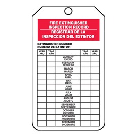 AccuformNMC™ 5 3/4" X 3 1/4" White/Black/Red RP-Plastic Fire Inspection Tag "FIRE EXTINGUISHER INSPECTION RECORD (Spanish Bilingual)"