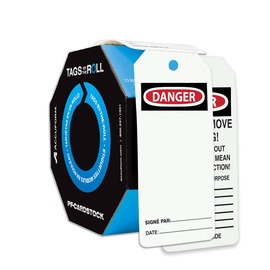 AccuformNMC™ 6 1/4" X 3" Black/Red/White PF-Cardstock Safety Tags By-The-Roll "DANGER SIGNED BY:___DATE___/DANGER DO NOT REMOVE THIS TAG! TO DO SO WITHOUT AUTHORITY WILL MEAN DISCIPLINARY ACTION! IT IS HERE FOR A PURPOSE REMARKS:___ (Blank)"