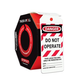 AccuformNMC™ 6 1/4" X 3" Black/Red/White PF-Cardstock Safety Tags By-The-Roll "DANGER DO NOT OPERATE THIS LOCK/TAG MAY ONLY BE REMOVED BY: NAME:___DEPT:___EXPECTED COMPLETION:___..."