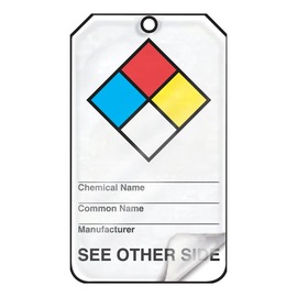 AccuformNMC™ 5 3/4" X 3 1/4" Red/Black/Blue/White/Yellow RP-Plastic Hazardous Material Tag "CHEMICAL NAME___COMMON NAME___MANUFACTURER___(With NFPA Graphic)"